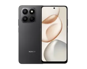 Front-and-back view of a dark gray Honor smartphone: quad-camera rear module and a large edge-to-edge display on the front, set against a black background.