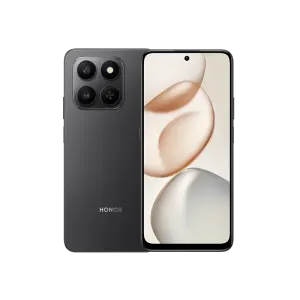 Front-and-back view of a dark gray Honor smartphone: quad-camera rear module and a large edge-to-edge display on the front, set against a black background.