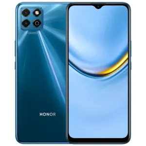 Blue HONOR smartphone shown from back and front, featuring a quad-camera array and glossy gradient finish.