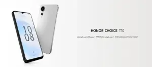 Angle view of the Honor Choice T10 smartphone showing the front display and silver back, with the model name on the right.