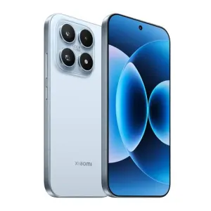 Front and back view of a light blue Xiaomi smartphone with a quad-camera rear system and Leica branding, the screen showing a blue abstract wallpaper.