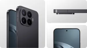 Modern smartphone with a square multi‑camera back module and side volume buttons, shown from front and back angles.