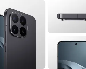 Modern smartphone with a square multi‑camera back module and side volume buttons, shown from front and back angles.
