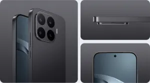 Dark gray smartphone collage highlighting the back camera bump, side buttons, and curved edges.