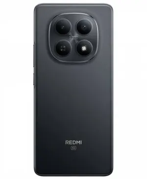 Dark gray Redmi smartphone back with a square quad-camera module and 5G logo visible