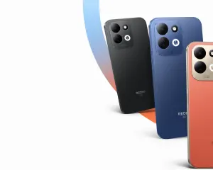 SAFI-0055 - مؤسسة العبقري الصغير للتجارة الالكترونية Three Redmi smartphones in black, blue, and orange rear views with prominent triple-camera modules and 'REDMI' branding, angled against a white/orange backdrop.