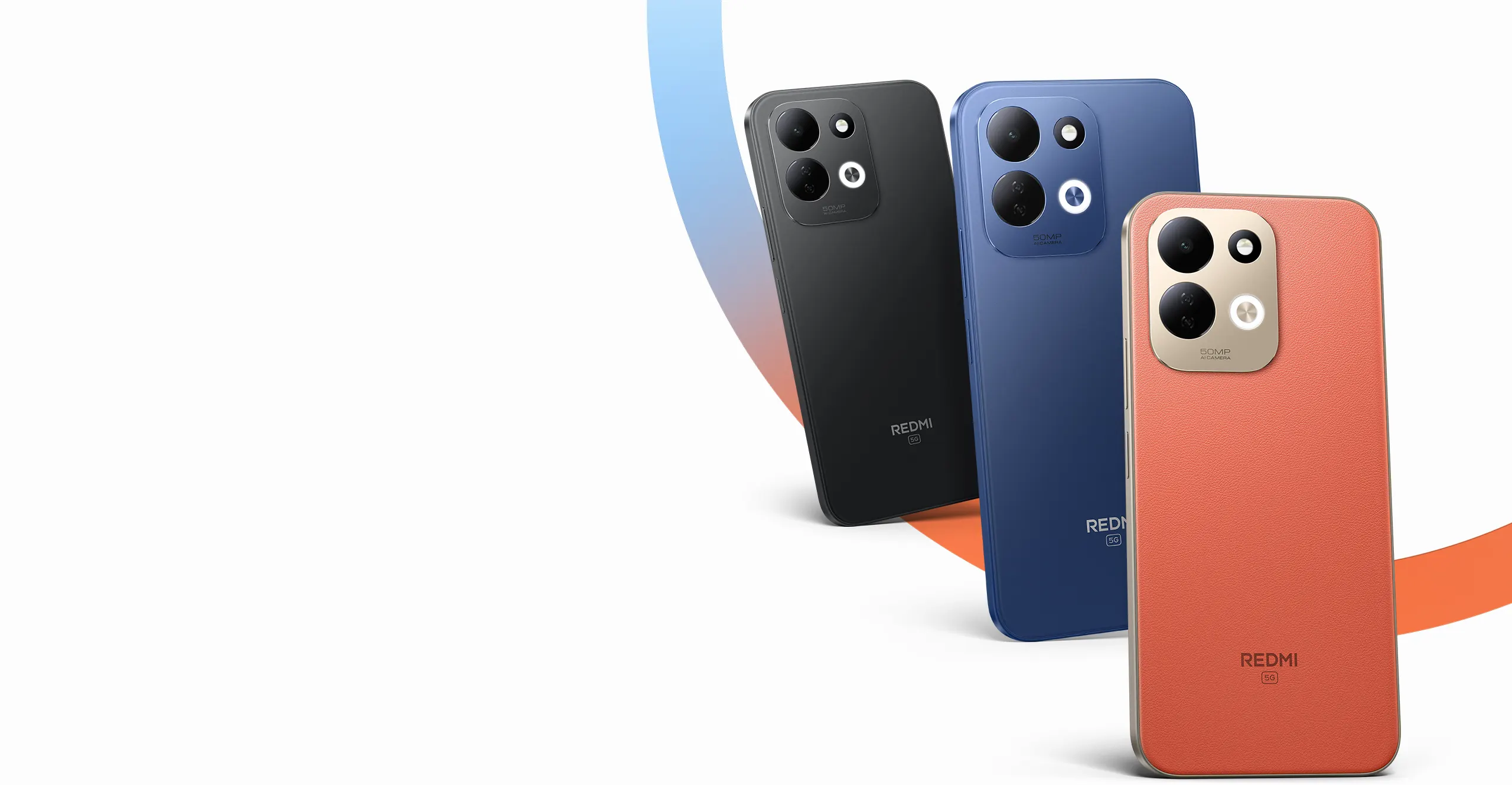 SAFI-0055 - مؤسسة العبقري الصغير للتجارة الالكترونية Three Redmi smartphones in black, blue, and orange rear views with prominent triple-camera modules and 'REDMI' branding, angled against a white/orange backdrop.