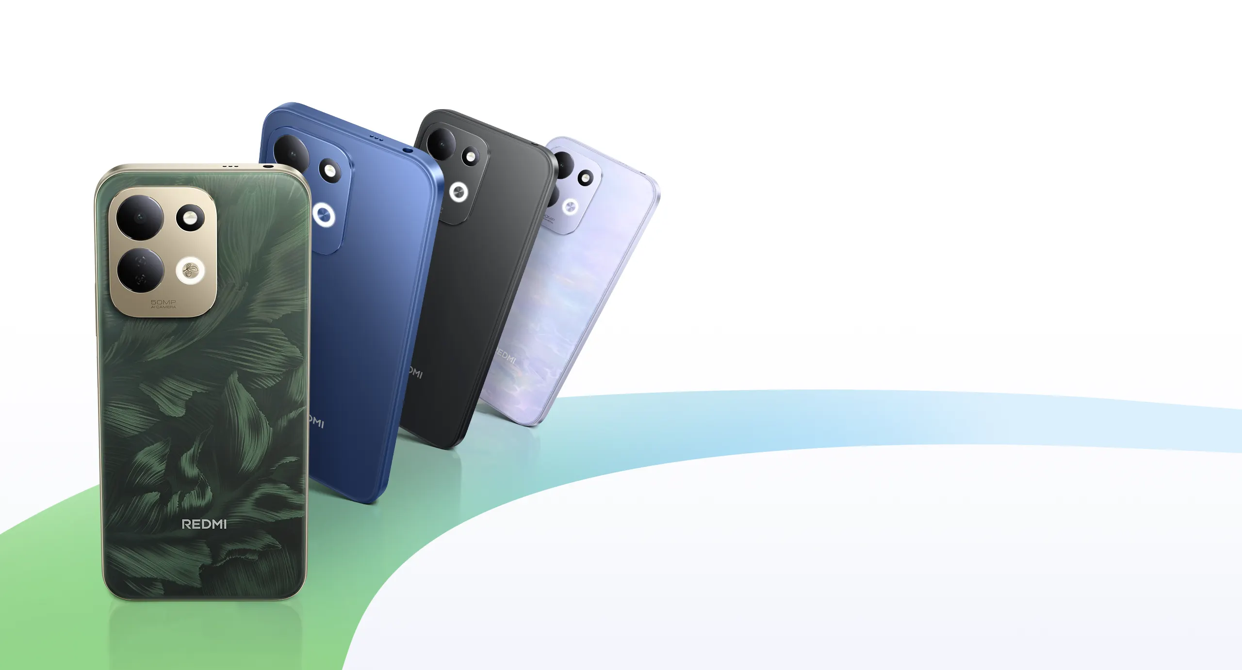 SAFI-0056 - مؤسسة العبقري الصغير للتجارة الالكترونية Five Redmi smartphones in green, gold, blue, black, and lavender arranged in a fan on a curved green-to-blue gradient backdrop with a white background.