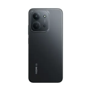 Back of a dark gray Redmi smartphone showing a square camera module with three lenses and a flash on the top left area.