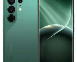 Spark-0001 - مؤسسة العبقري الصغير للتجارة الالكترونية Green smartphone showing back with triple-camera array and flash on left, and front of the phone with an edge-to-edge display