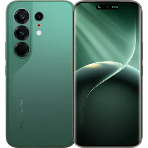 Green smartphone showing back with triple-camera array and flash on left, and front of the phone with an edge-to-edge display