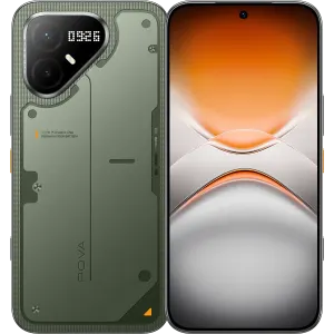 Front and back views of a green rugged smartphone, showing a large curved display on the right and a multi-camera module on the back left.