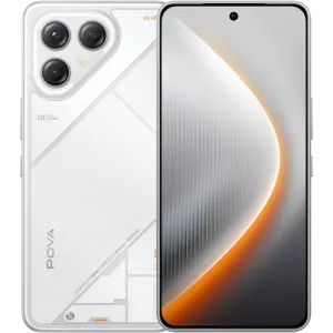 Front and back view of a white smartphone: front shows a curved wallpaper, back features a triple-camera module in the top-left corner with orange accents and textured panels.