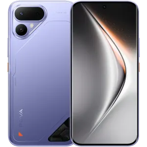 Purple smartphone shown from front and back: edge-to-edge display on the right and a rear multi-camera module on the left with orange accents on the frame.