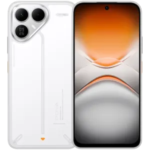 White smartphone shown from back with a large tri-camera module and orange accent near the bottom, beside a front view with an abstract orange-gray wallpaper.