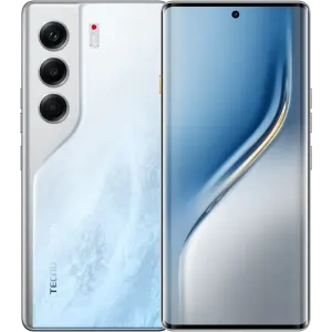 Dual-view smartphone image showing Tecno phone with a triple-camera back next to a curved-edge front display.