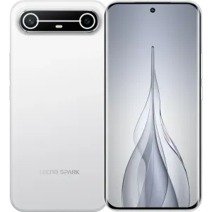 Front and back view of a white Tecno Spark smartphone; rear dual-camera module at top left and an edge-to-edge front display.
