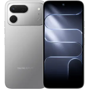 Two-tone smartphone showing rear dual-camera module and front display; text reads 'TECNO SPARK' on back, silver color, rounded corners.