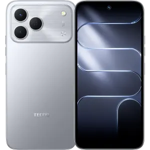 Front and back view of a silver Tecno smartphone: triple rear cameras, flash, and subtle textured panel on the back, next to a phone with a curved edge display showing a wavy abstract wallpaper.