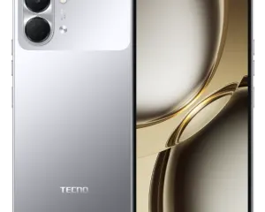 Spark-0011 - مؤسسة العبقري الصغير للتجارة الالكترونية Tecno smartphone in silver gradient, rear dual-camera module and front display with a small notch.