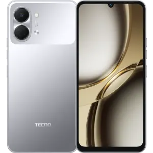 Front and back view of a silver Tecno smartphone: rear triple camera module and TECNO logo; front shows an edge-to-edge display with a small notch.