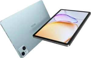 Blue TECNO tablet shown from back and front at an angle, highlighting the camera module and sleek design