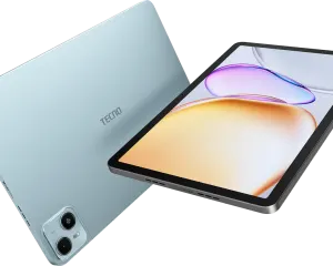 Blue TECNO tablet shown from back and front at an angle, highlighting the camera module and sleek design