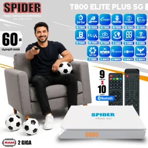 Promotional poster for Spider T800 5G IPTV box showing a smiling man on a sofa with soccer balls, a remote, and rows of app icons in blue tiles at the top right.