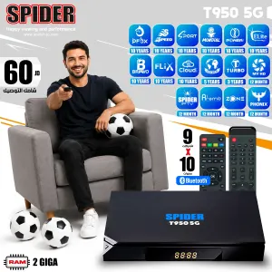 Man sitting on a gray chair holding a remote with a soccer ball on his lap, advertising Spider IPTV box below and app icons to the right.