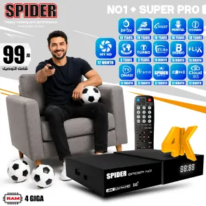 Promo image for SPIDER No1+ Super Pro 4K set-top box: man sitting on a sofa with a remote, soccer balls around, black SPIDER box on a table, and blue app icons with '12 months' labels on the wall.