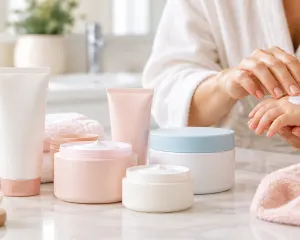 cream - مؤسسة العبقري الصغير للتجارة الالكترونية Caregiver applies cream to child's hand amid pastel skincare jars and towels on a marble counter